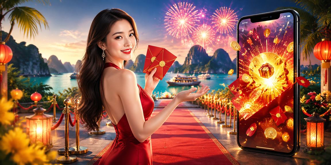 Không khí lễ hội bên vịnh Hạ Long với bao lì xì đỏ tượng trưng cho tiền thưởng may mắn